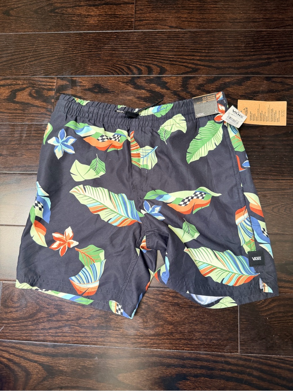 Men’s Vans Black Swim Trunks with Green, Blue & Orange Tropical Print Size L
